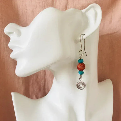 925 Silver Dangle Earrings With Rough Coral and Turquoise - Silver Chamber Jewellery Store