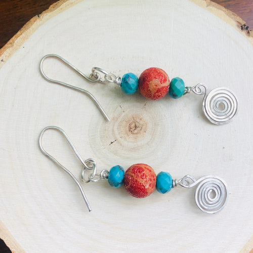 925 Silver Dangle Earrings With Rough Coral and Turquoise