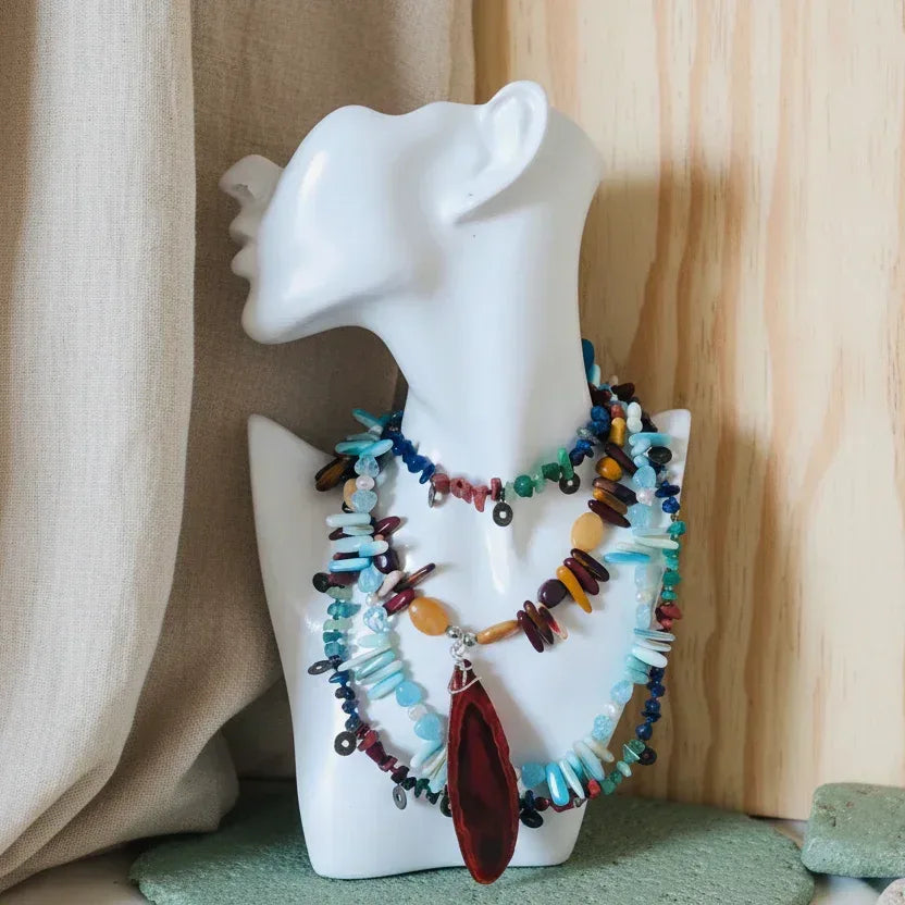 Multi-Colour Natural Stones and Brass Beaded Necklace - Silver Chamber Jewellery Store
