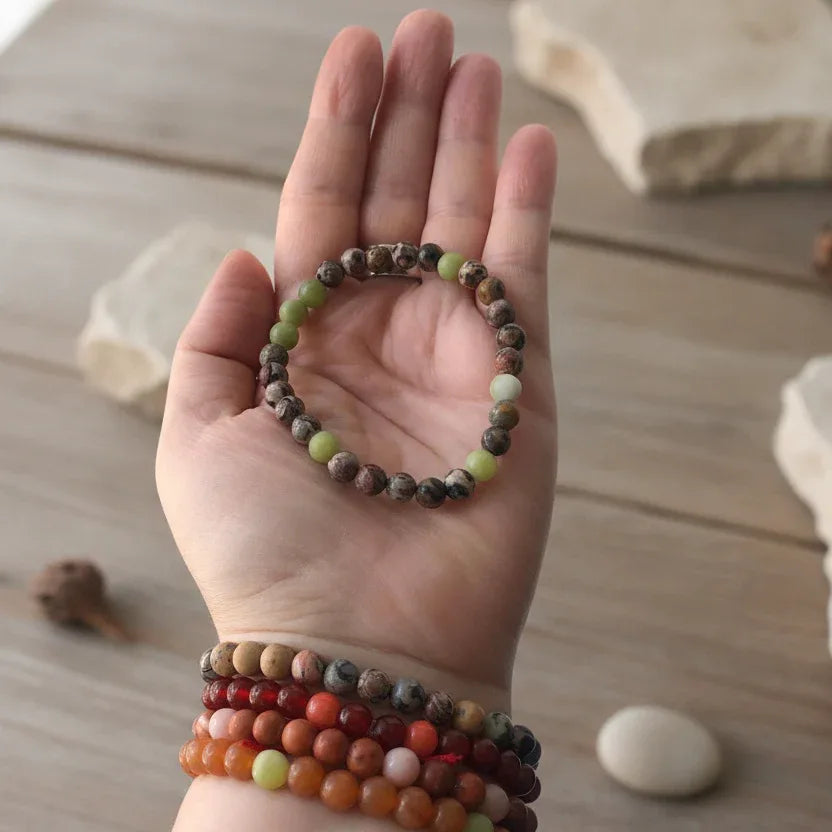 Green Agate and Leopard Skin Jasper Beaded Bracelet - Silver Chamber Jewellery Store